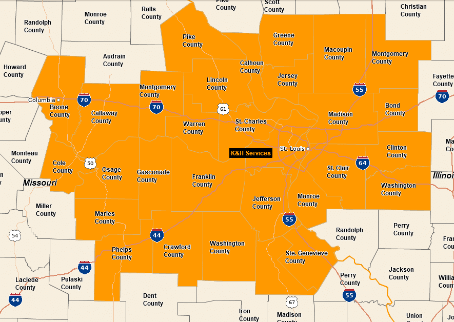K&H service area map covering St. Louis Metro and surrounding counties