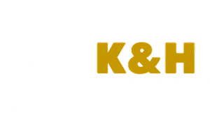 A stylized white icon of a person on an elliptical machine is next to bold gold text reading "K&H". Smaller white text below says "EXERCISE EQUIPMENT REPAIR".